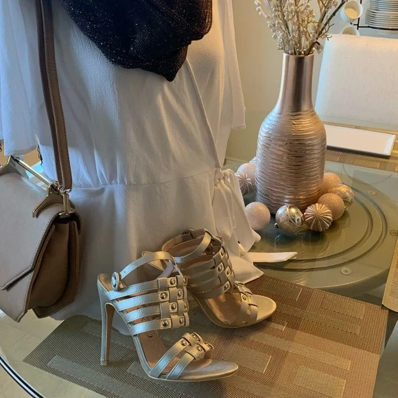 Metallic Open Toe Strappy Studs Heels - Picture 7 of 8